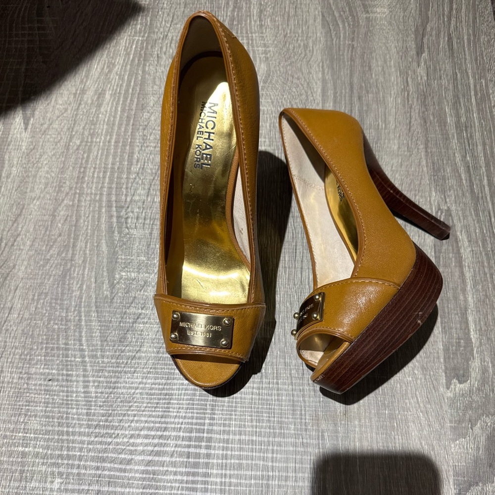 Michael Kors Gold and Tan Peep-Toe Heels